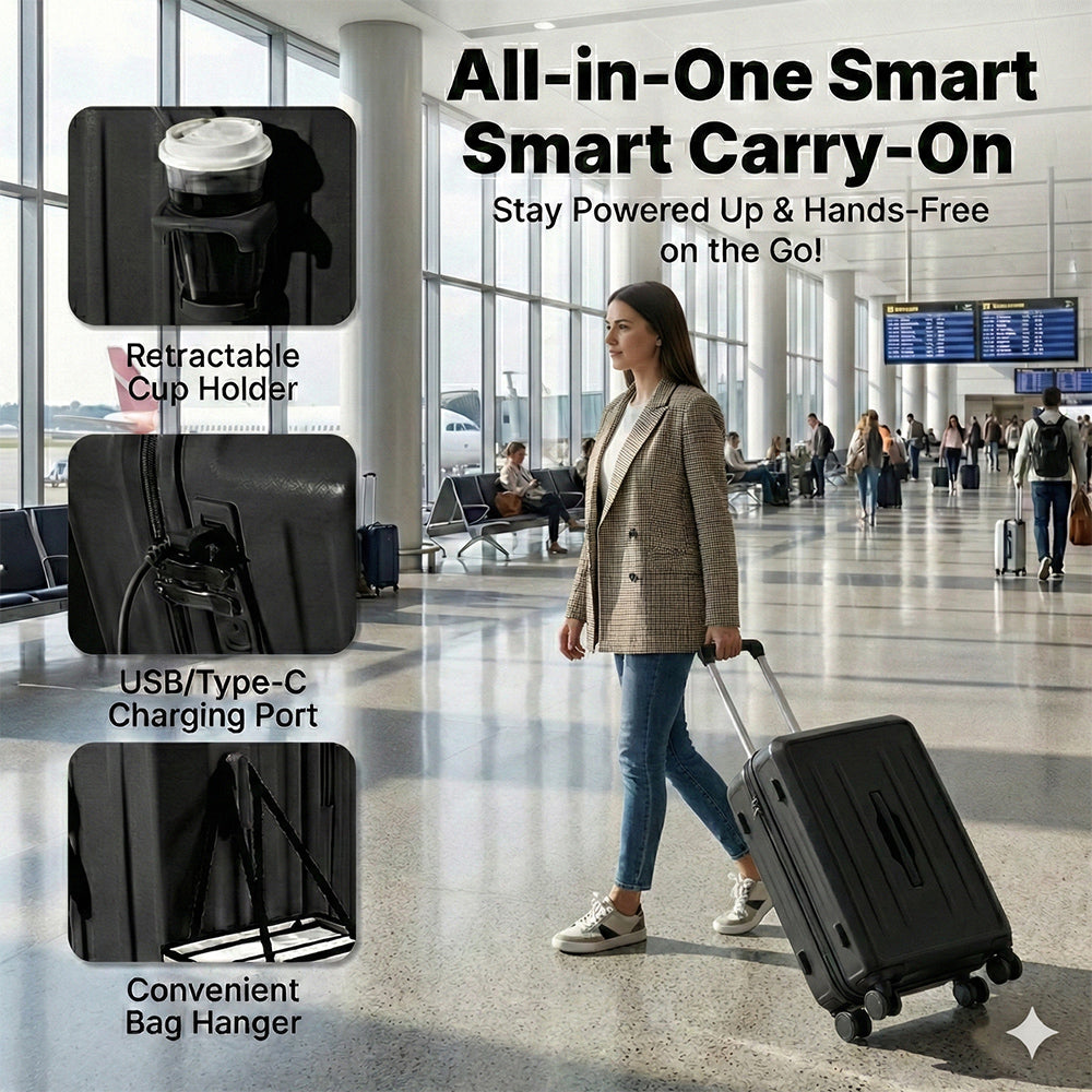 Carry-On Suitcase with USB Charging & Cup Holder (Black)