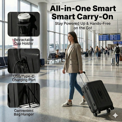 Carry-On Suitcase with USB Charging & Cup Holder (Black)