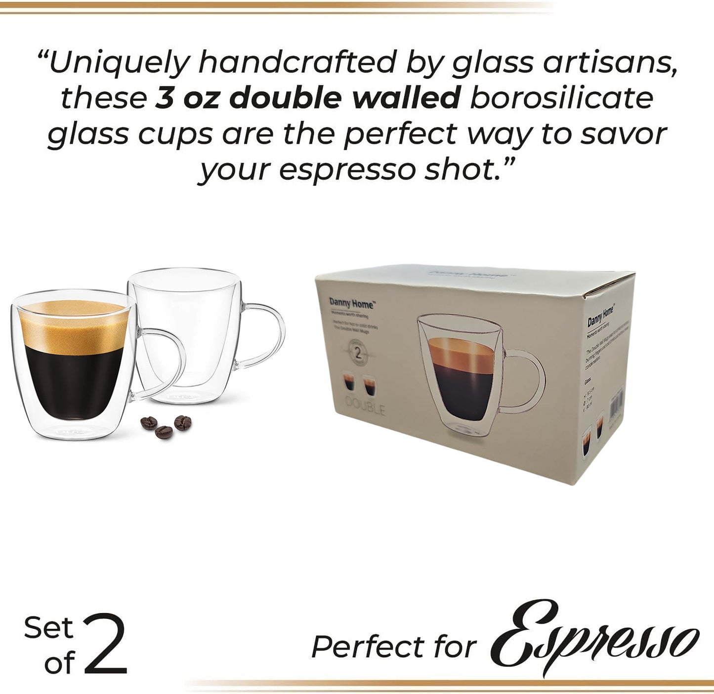 80ml  2-Pcs Danny Home Double Walled Espresso Glasses With Handle Set