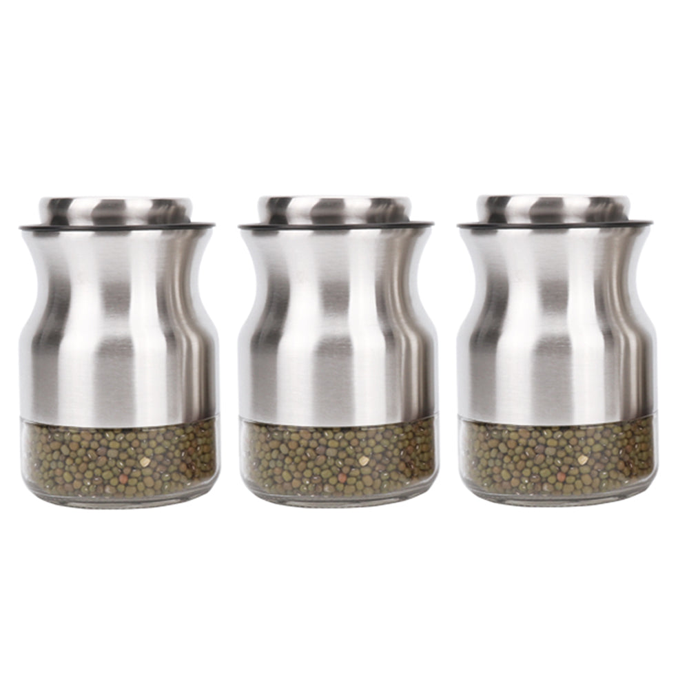 3-Pieces Stainless Steel and Glass Canister with Window for Spices or Grains