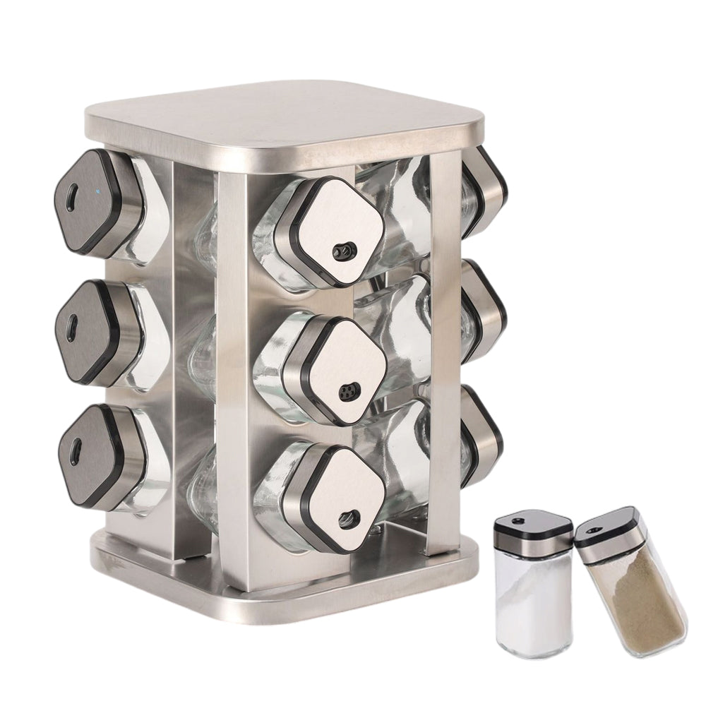 12-JARS Square 100ML Stainless Steel Rotating Seasoning Spice Jar Set