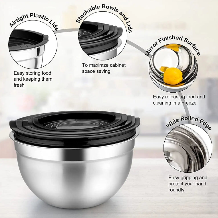 3-Pieces Stainless Steel Salad Bowl with Lid 18/22/26 cm Set