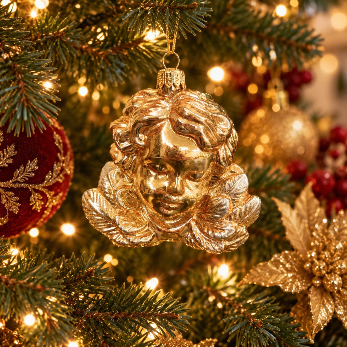Mouth-Blown Glass Cherub Christmas Ornament – Gold