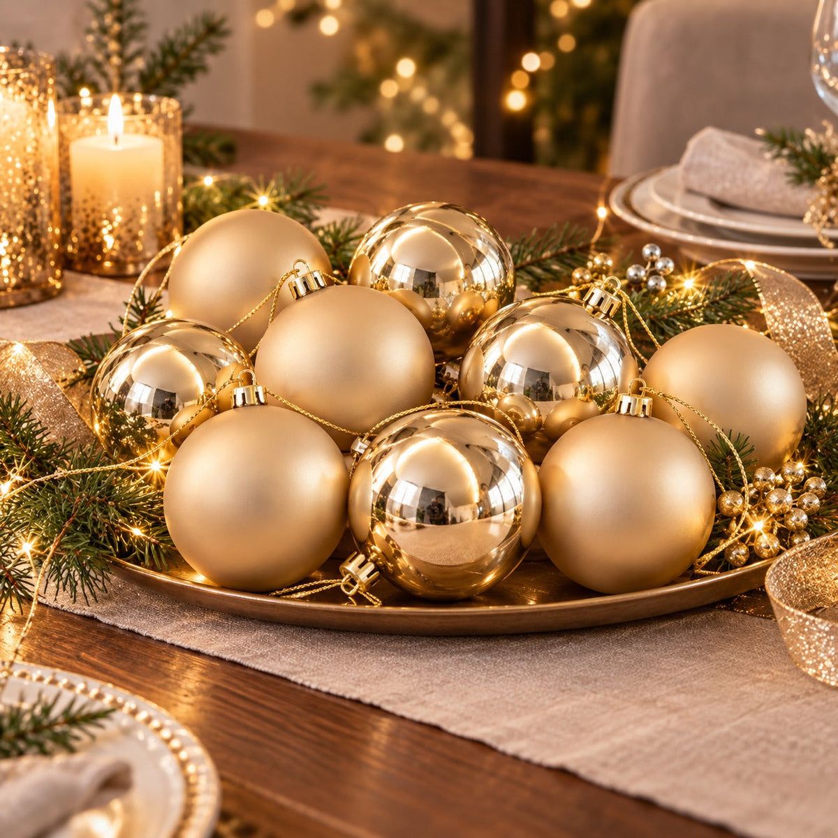 Noël Christmas Bauble Ornament Set – 12 Pieces – Silver / Champagne Gold