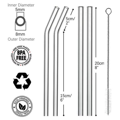 Reusable Transparent Glass Straws – Shatter Resistant (6 Pcs with Cleaning Brush)