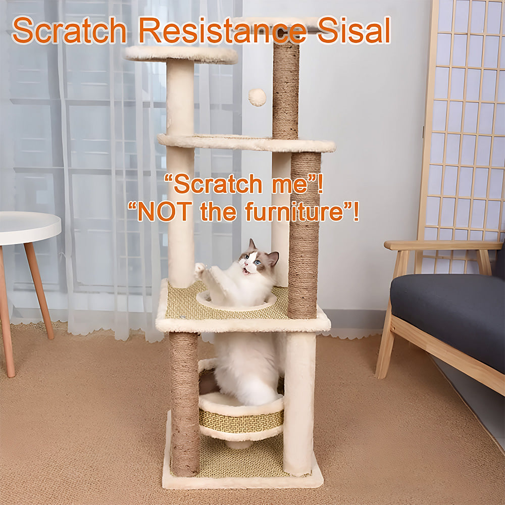 Multi-Level Cat Tree Tower with Scratching Posts – Beige