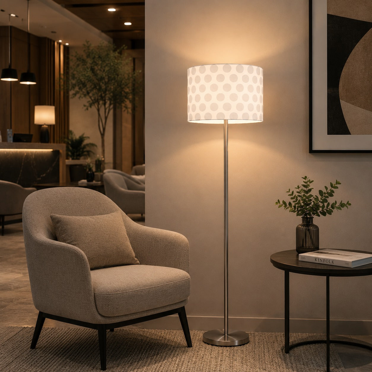 Micasa OTELLO Modern Floor Lamp 175 cm – Brushed Nickel Standing Lamp with White Fabric Polka Dot Shade