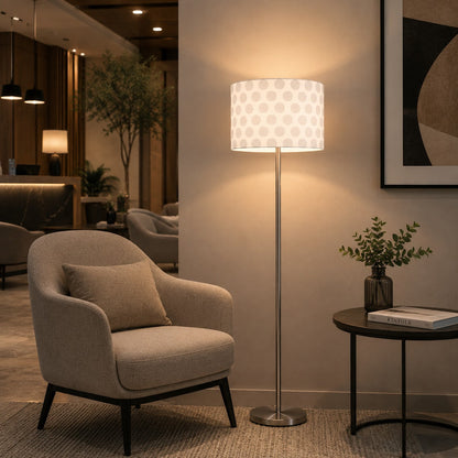 Micasa OTELLO Modern Floor Lamp 175 cm – Brushed Nickel Standing Lamp with White Fabric Polka Dot Shade