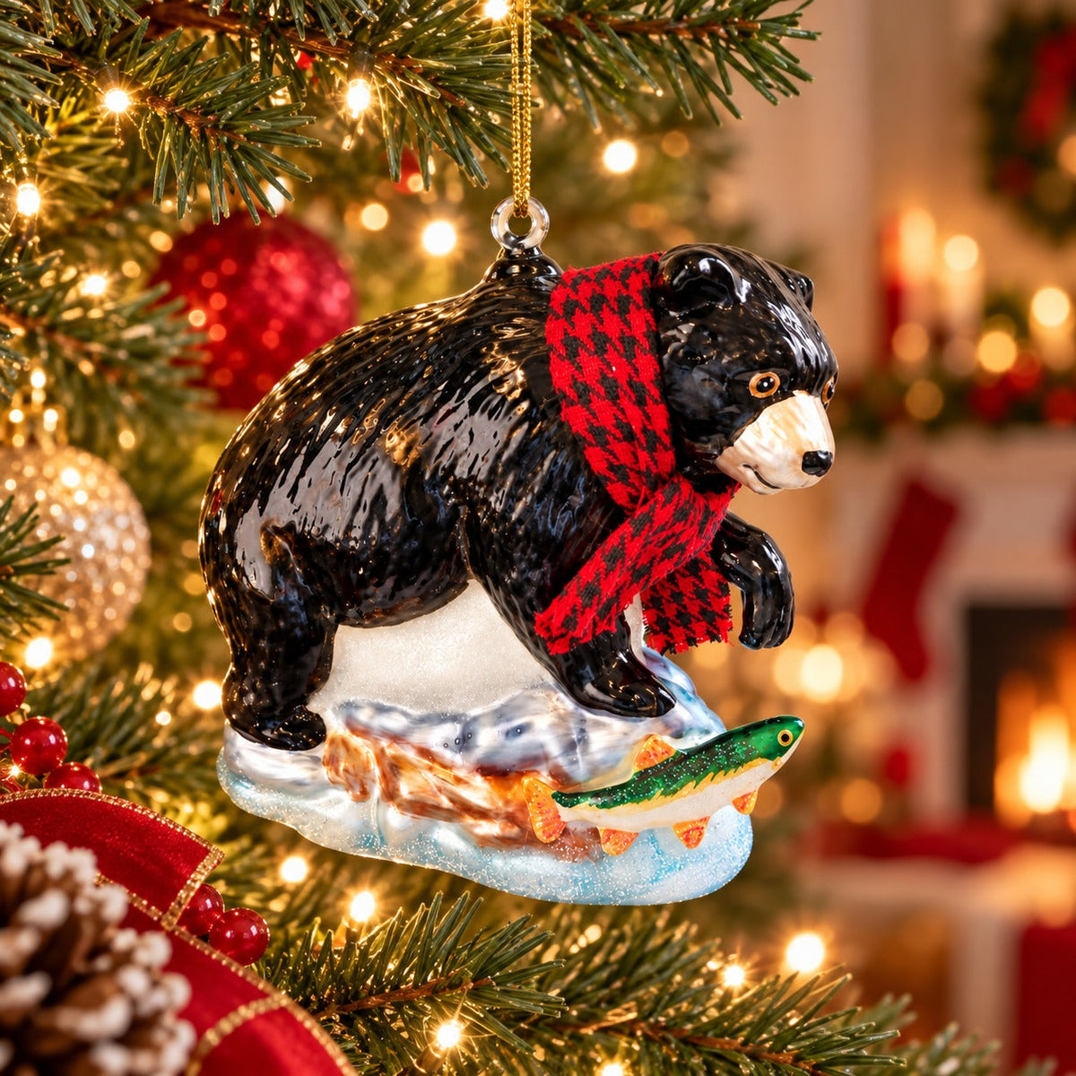 Alpine Lodge Hanging Glass Bear Christmas Ornament – Black Bear with Scarf