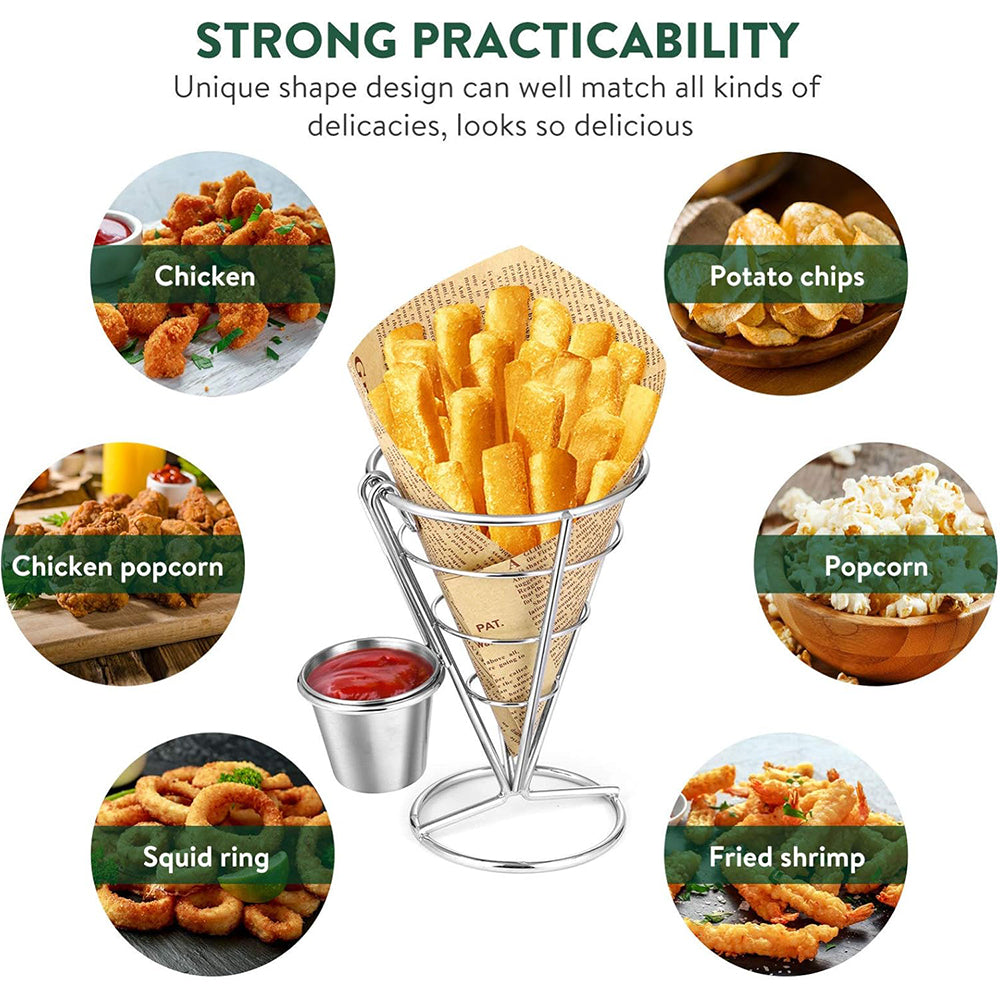 Stainless Steel French Fries Stand Cone Basket with Dip Dishes