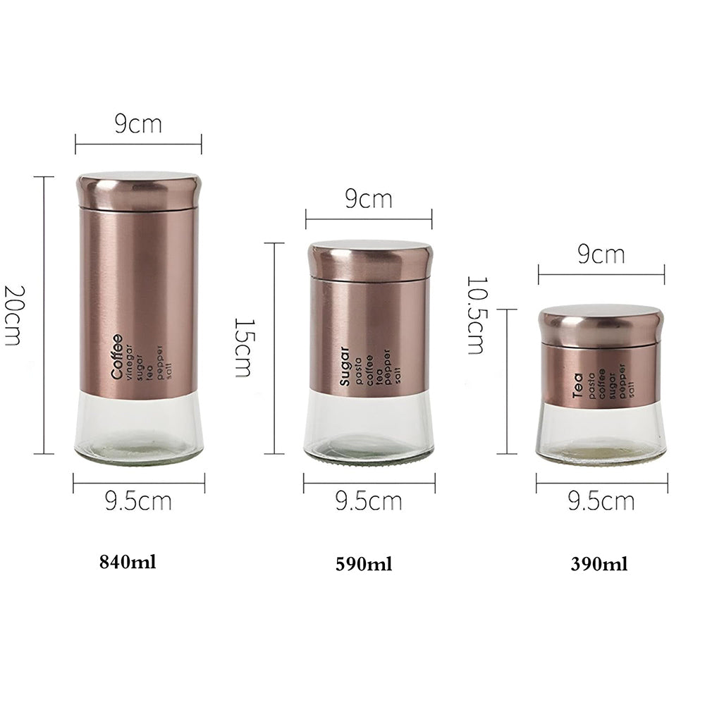 3-Pcs Stainless Steel With Glass Sugar Tea Coffee Canister Set Bronze-390/590/840ml