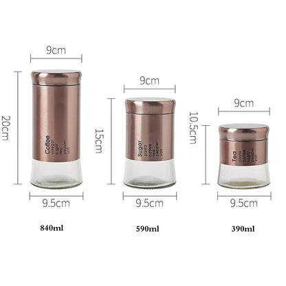 3-Pcs Stainless Steel With Glass Sugar Tea Coffee Canister Set Bronze-390/590/840ml