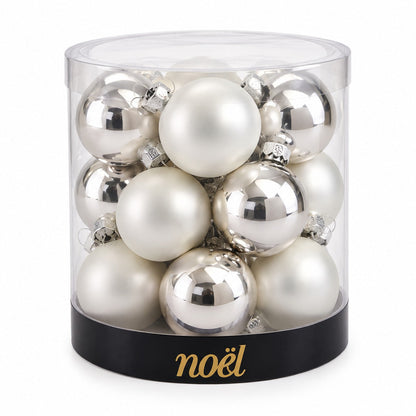 Noël Mini Christmas Baubles – Set of 15 – Silver & Pearl