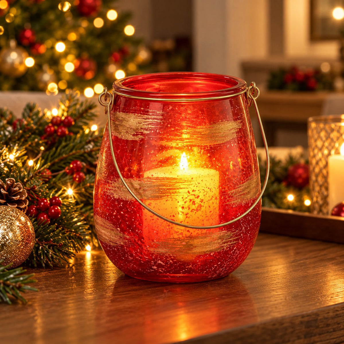 Mica Decorations Red & Gold Glass Lantern with Handle – 21 cm