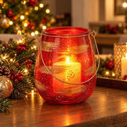 Mica Decorations Red & Gold Glass Lantern with Handle – 21 cm