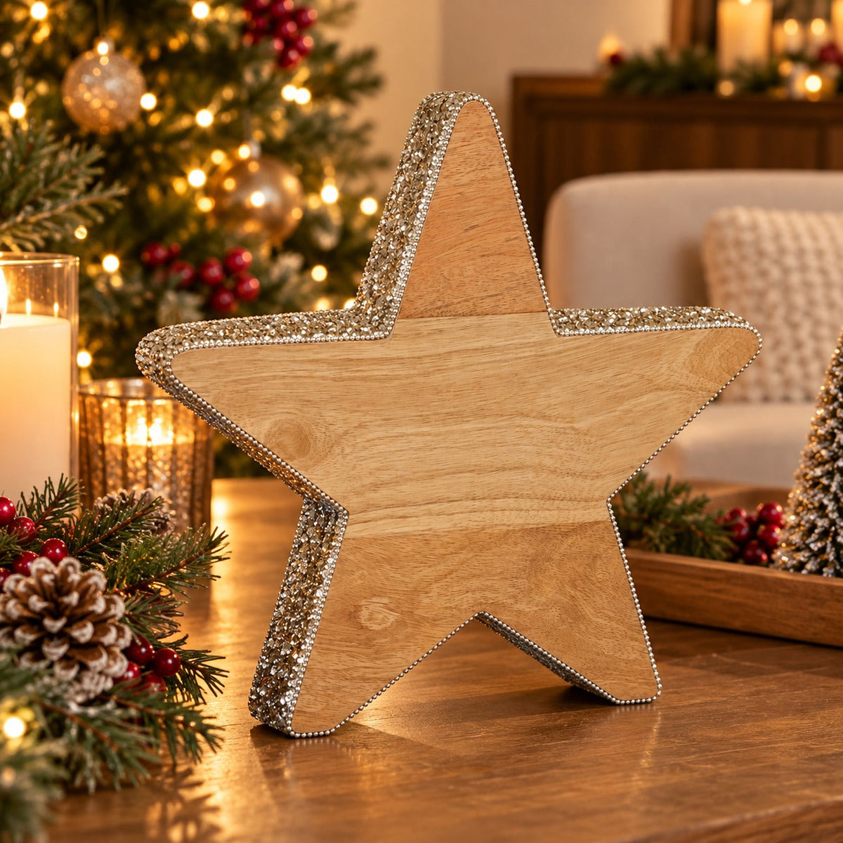 WINTER Mango Wood Christmas Star with Silver Detail – 30 cm