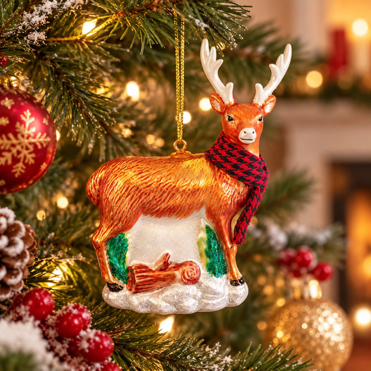 Alpine Lodge Glass Reindeer Hanging Christmas Ornament