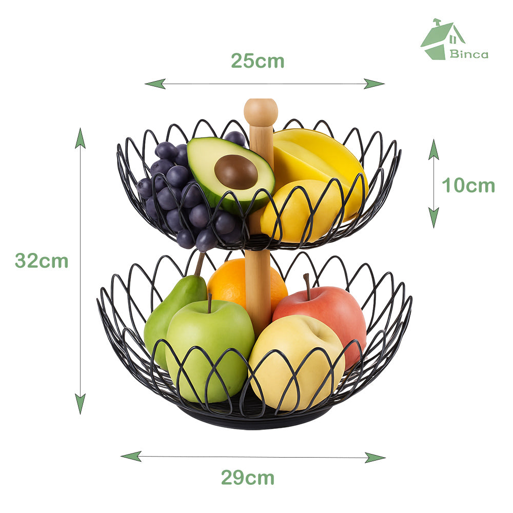 Binca 2-Tier Fruit & Vegetable Table Basket with Wooden Handle