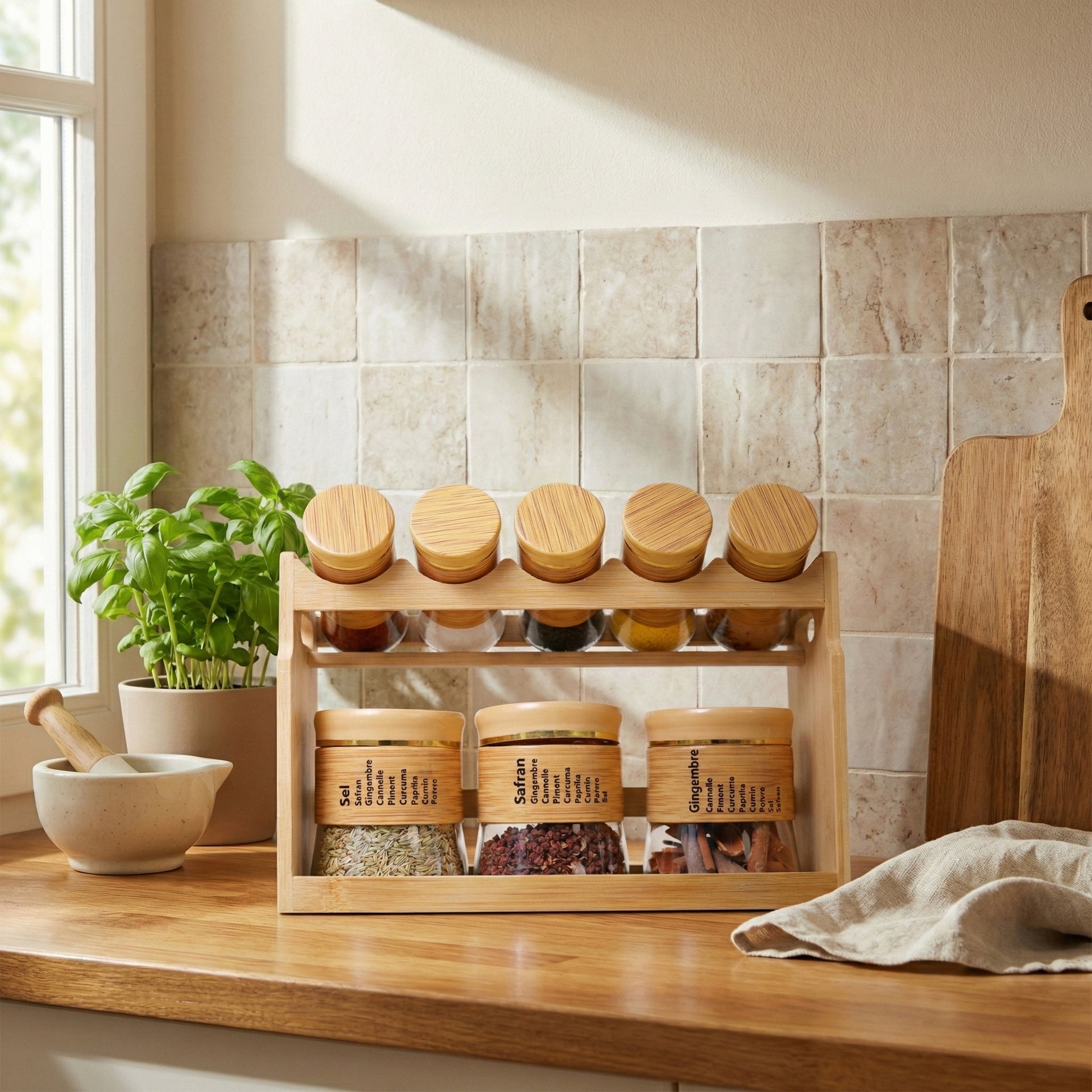 Bamboo Spice Rack Set with 8 Glass Jars Plastic Lid – 400/100ml #CB-TWJ34