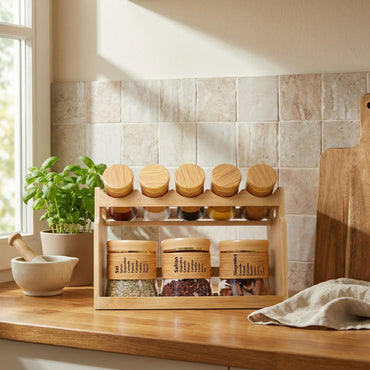 Bamboo Spice Rack Set with 8 Glass Jars Plastic Lid – 400/100ml #CB-TWJ34