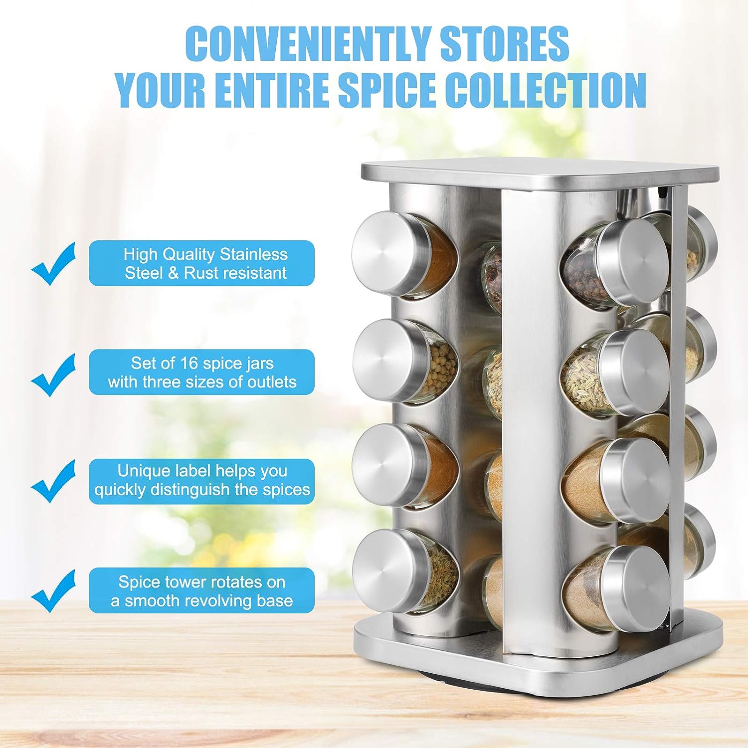 16-JARS 100ML Stainless Steel Rotating Seasoning Spice Jar Set