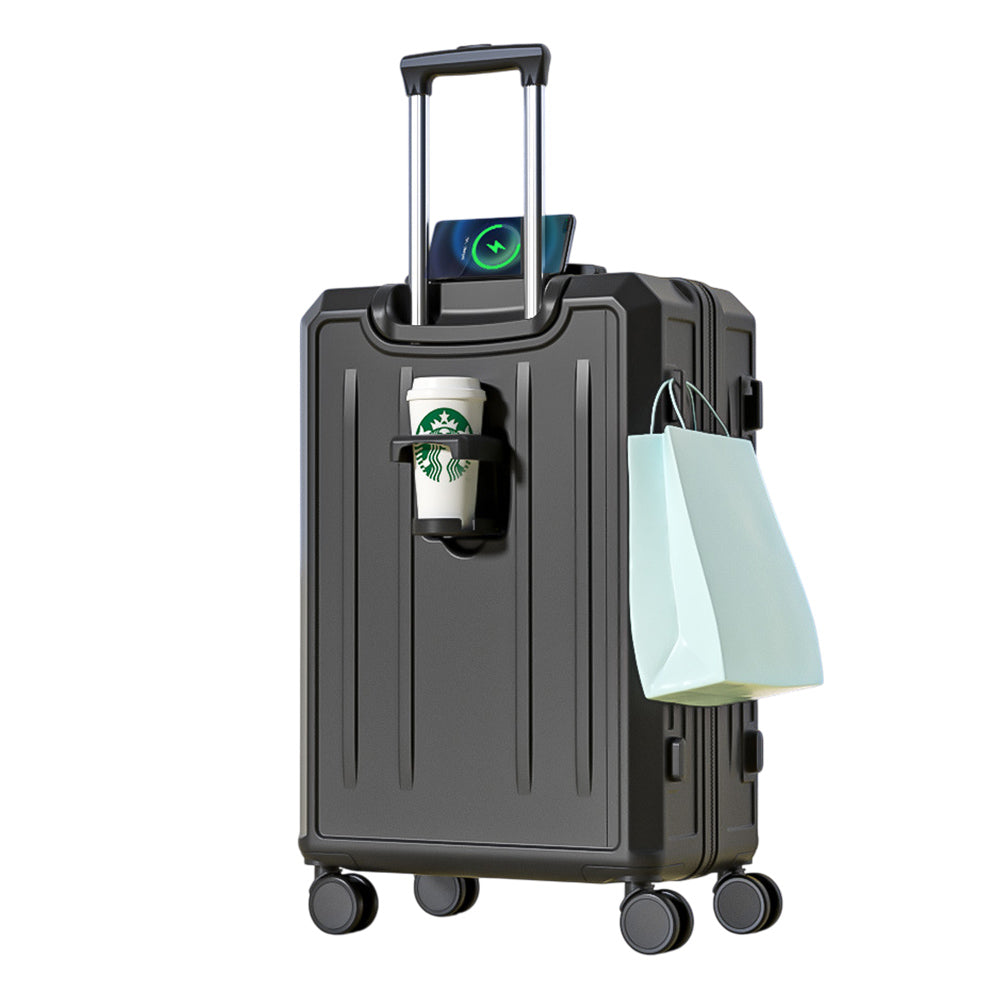 Carry-On Suitcase with USB Charging & Cup Holder (Black)