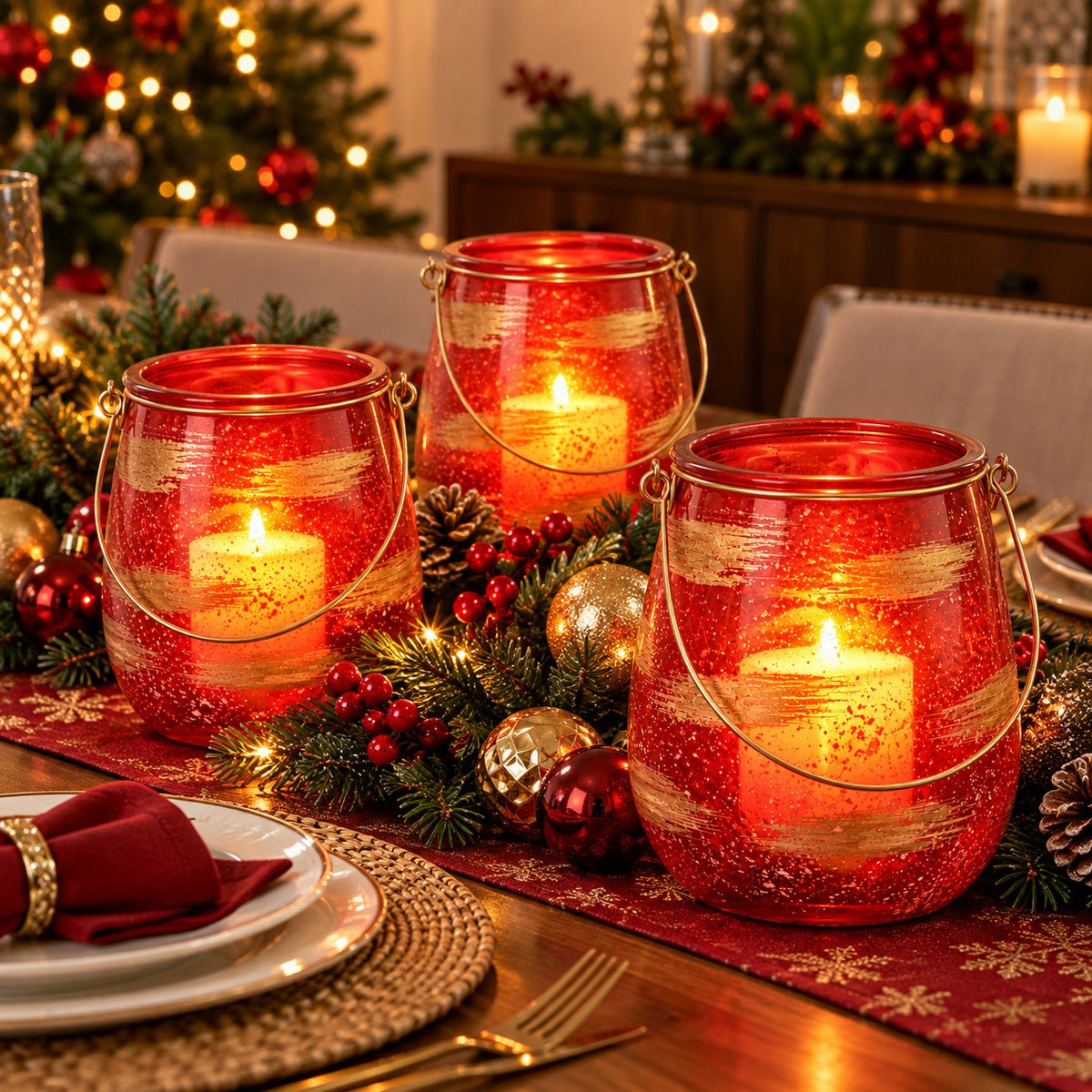Mica Decorations Red & Gold Glass Lantern with Handle – 21 cm