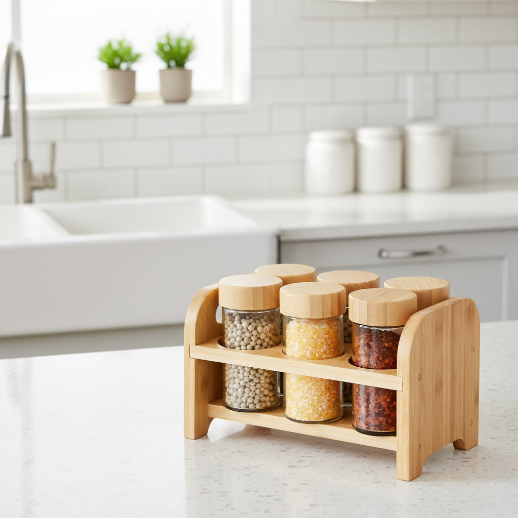6-Jar Seasoning Bottle Set With Wood Base Holder HF-11