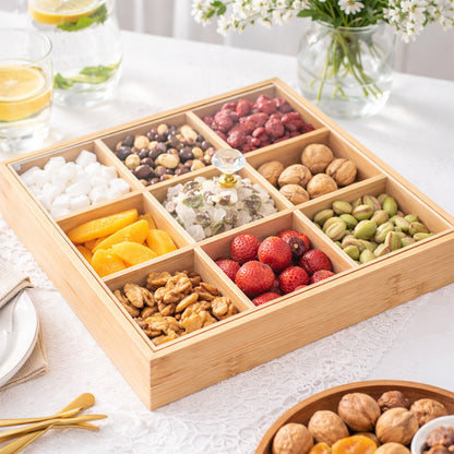 Bamboo Nuts Tray with Protective Lid – 9 Compartments