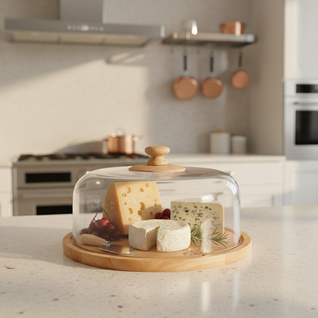 Premium 34-cm Round Wooden Base Cake Stand with Dome Clear Acrylic Cover