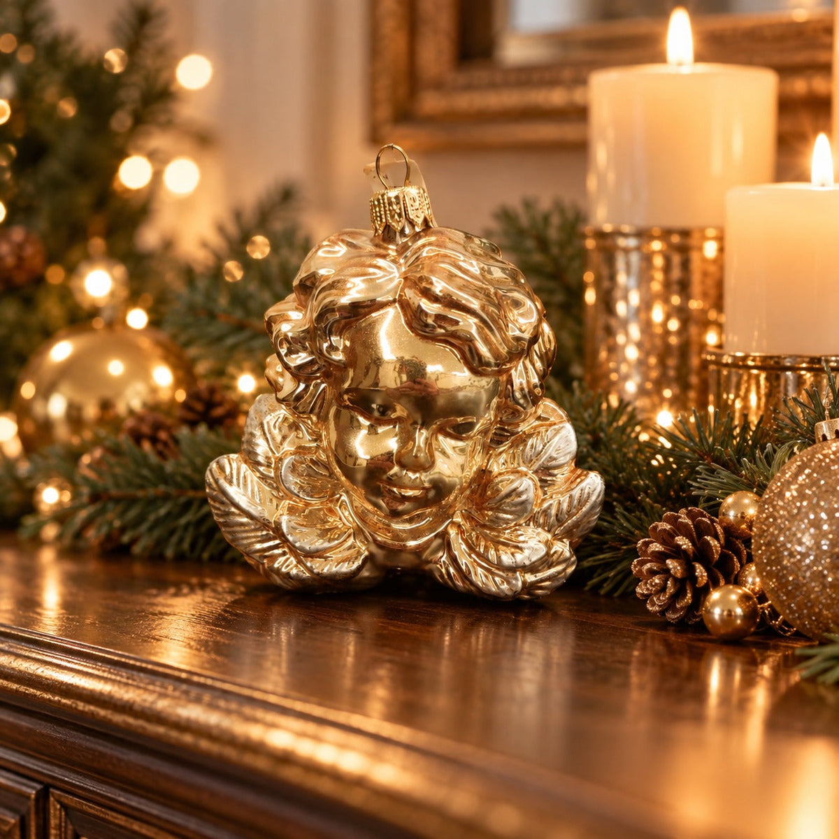 Mouth-Blown Glass Cherub Christmas Ornament – Gold