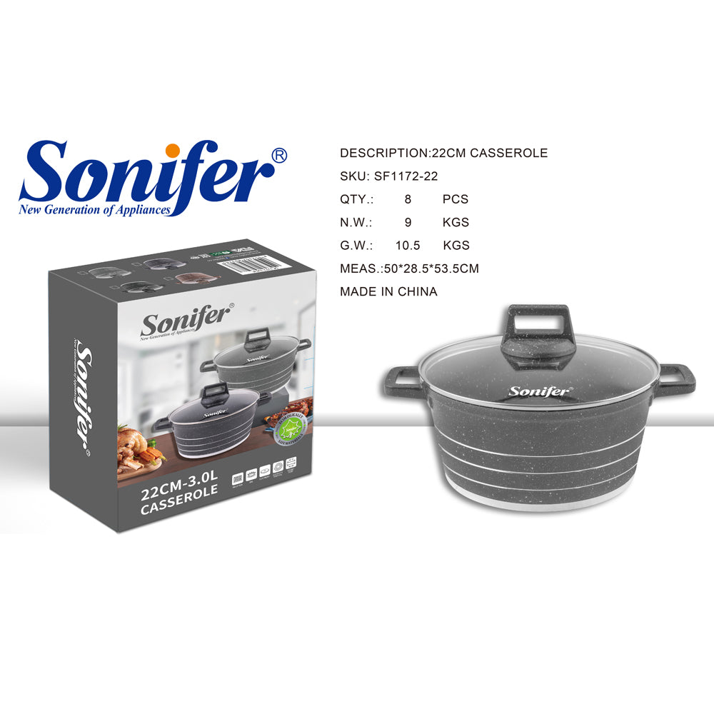 Sonifer 20/22/24/26/28/30/32/36cm Wear-Resistant Non-Stick Granite Casserole with Glass Lid SF-1172-Grey