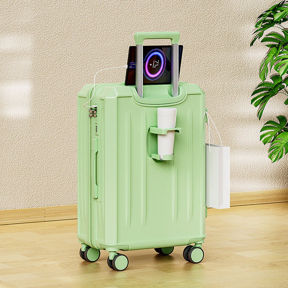 Carry-On Suitcase with USB Charging & Cup Holder (Green)