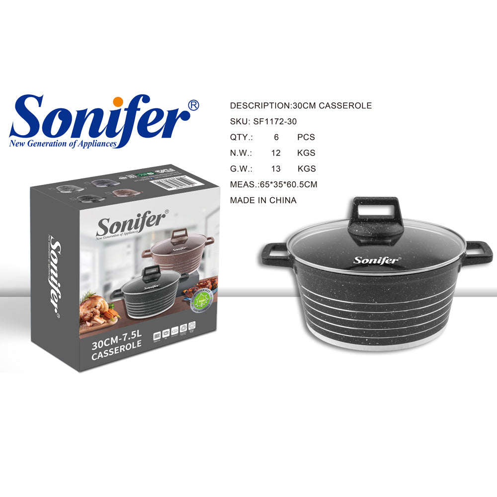 Sonifer 20/22/24/26/28/30/32/36cm Wear-Resistant Non-Stick Granite Casserole with Glass Lid SF-1172-Black