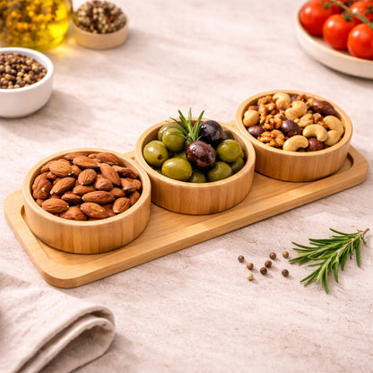 Bamboo 3 bowls and 1 serving tray Round