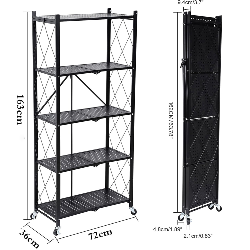 5-Tier Heavy Duty Foldable Storage Shelves With Wheels for Garage Kitchen, Basement & Pantry (W72 x D36 x H163)cm – Black