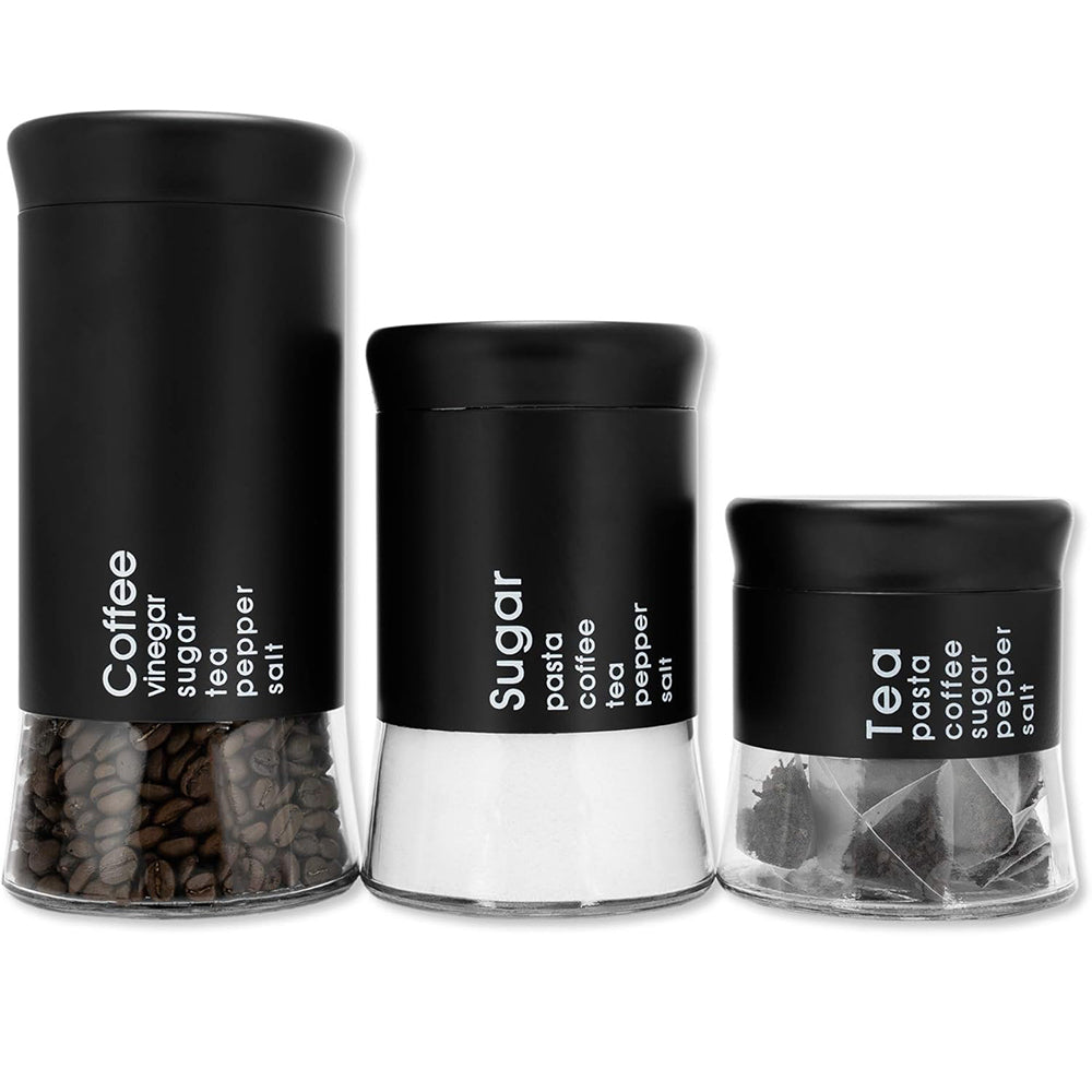 3-Pcs Stainless Steel With Glass Sugar Tea Coffee Canister Set Matte Black-390/590/840ml
