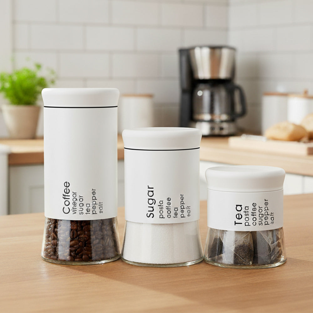 3-Pcs Stainless Steel With Glass Sugar Tea Coffee Canister Set Matte White-390/590/840ml