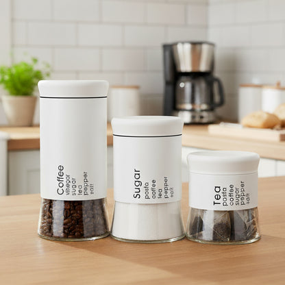 3-Pcs Stainless Steel With Glass Sugar Tea Coffee Canister Set Matte White-390/590/840ml
