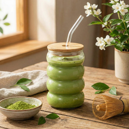 Matcha Wave Shaped Glass Tumblers Drinking with Lid and Straw – 350ml