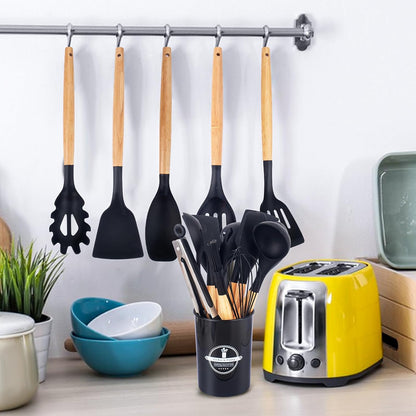 12-Pcs Silicone Cooking Utensils with Wooden Handle Set