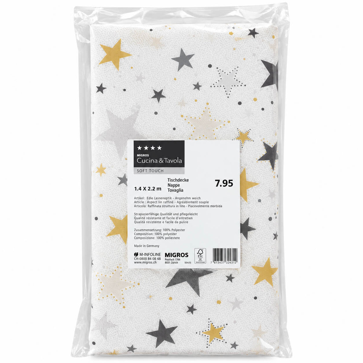 Cucina & Tavola Christmas Tablecloth White Gold Grey Stars – 140 × 220 cm
