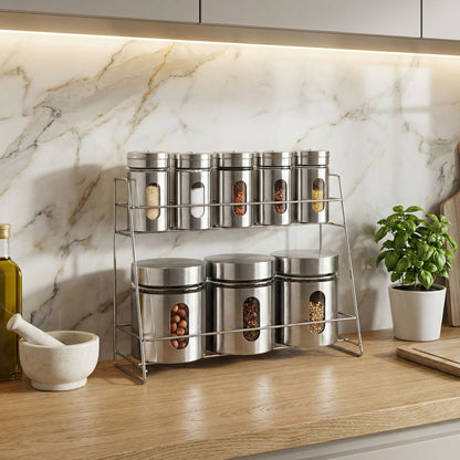 8-Pcs Stainless Steel Glass Spice Rack Set – 330/100ml #CB-TWJ07