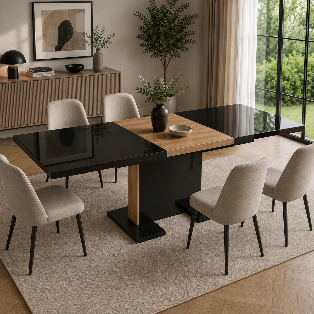 Bern High-Gloss Black Glass Top Dining Table with Imitation Oak Insert Plate