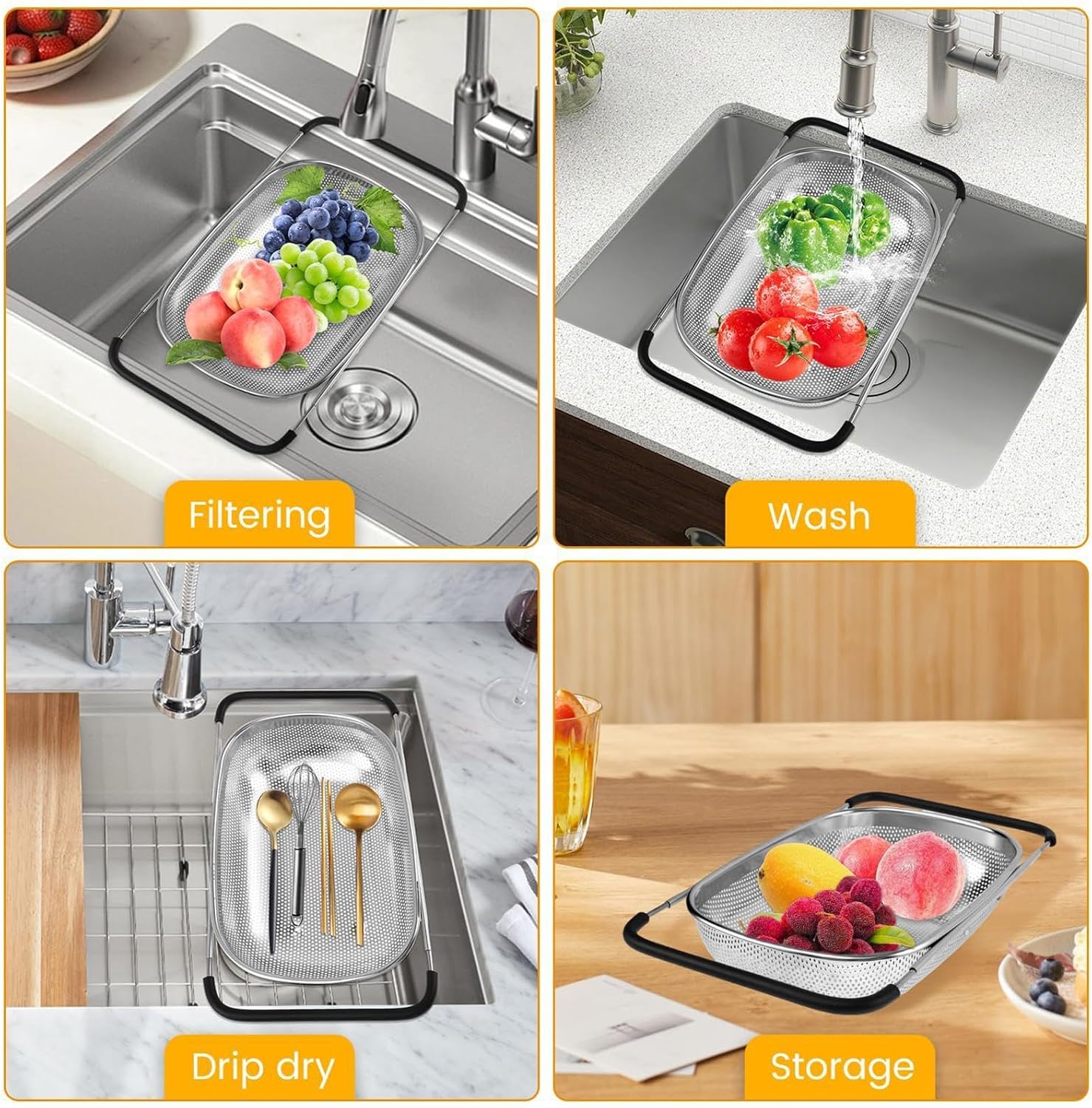 Over the Sink Stainless Steel Colander with Expandable Anti-slip Rubber Grip Handles