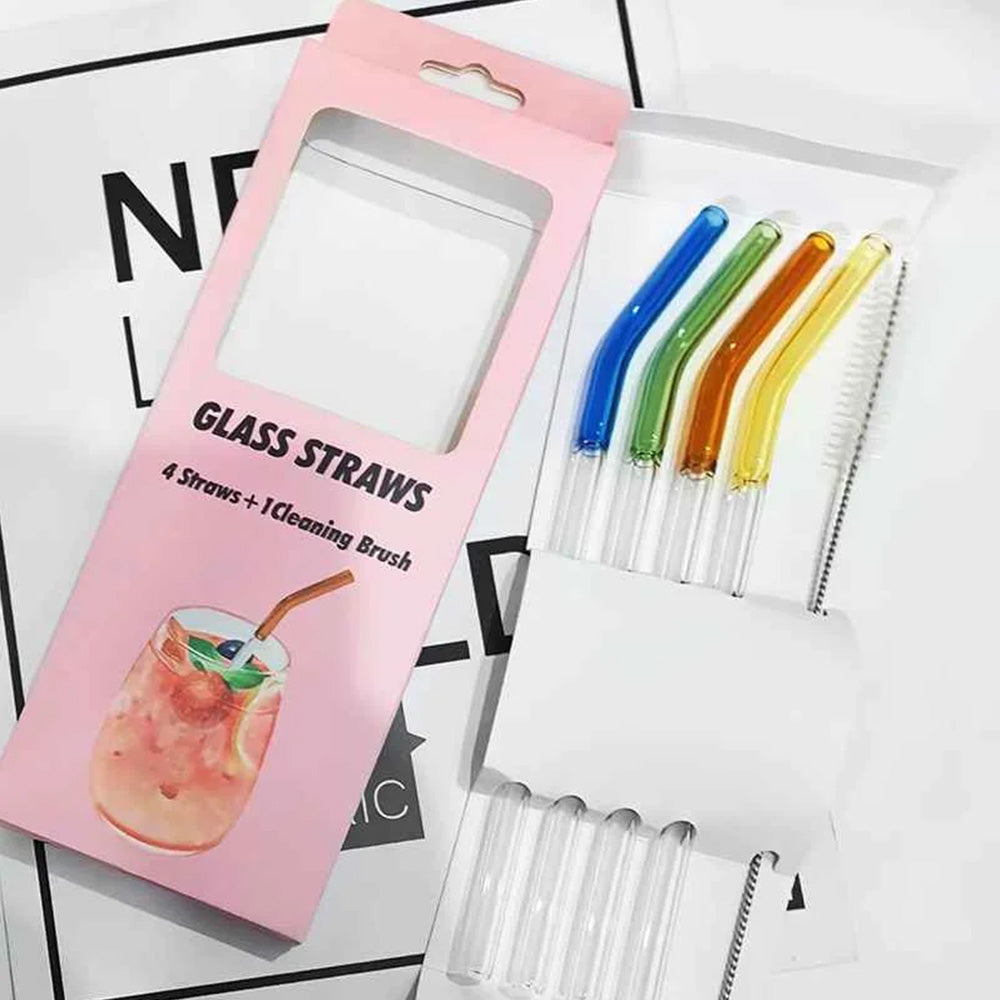 Reusable Glass Straws – Half-Color Bent Design (Set of 4 + Cleaning Brush)