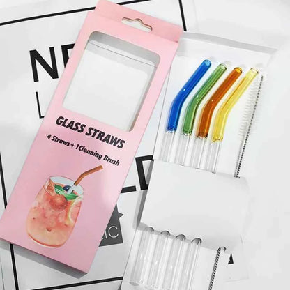 Reusable Glass Straws – Half-Color Bent Design (Set of 4 + Cleaning Brush)