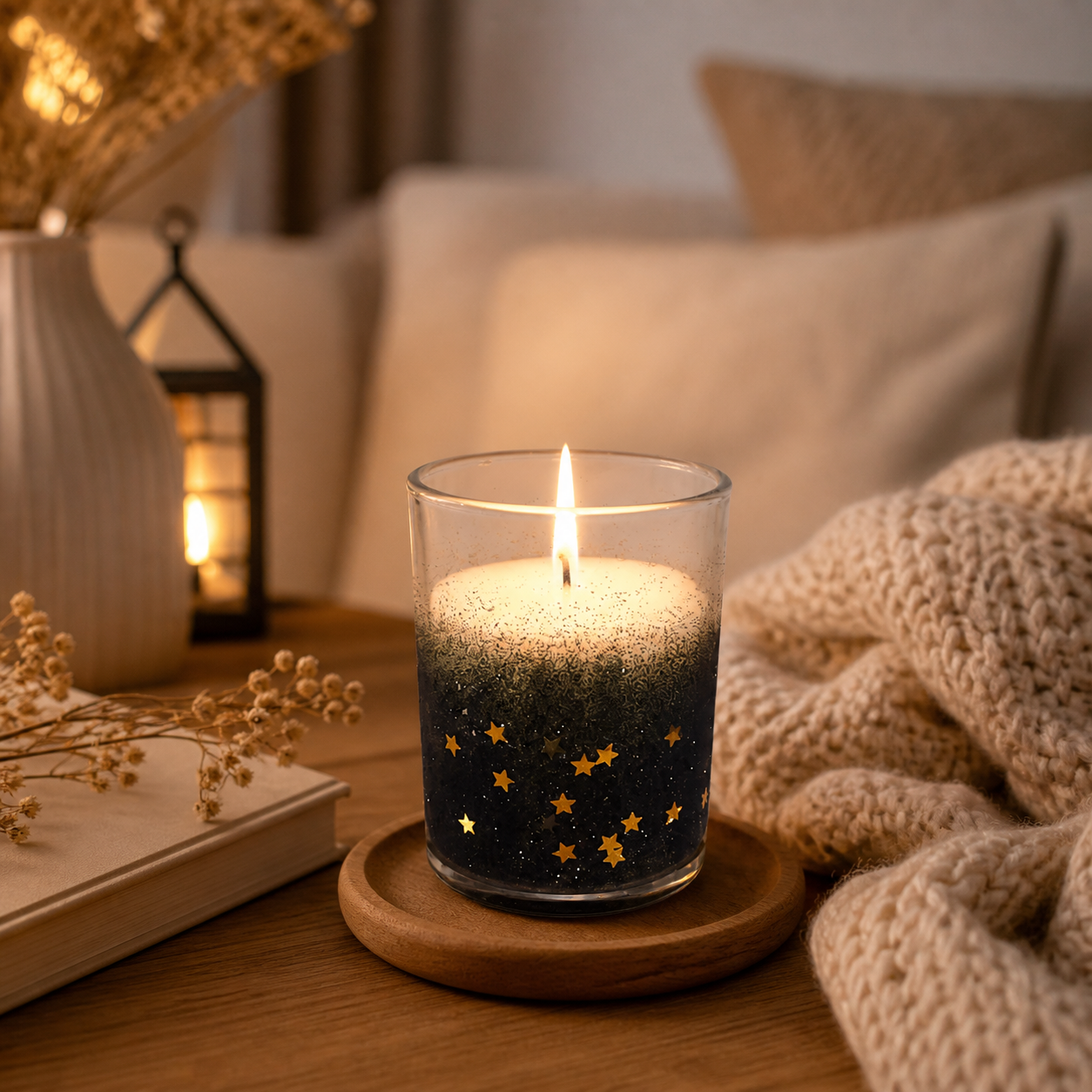 Glitter Star Candle Collection in Black, Gold or Silver