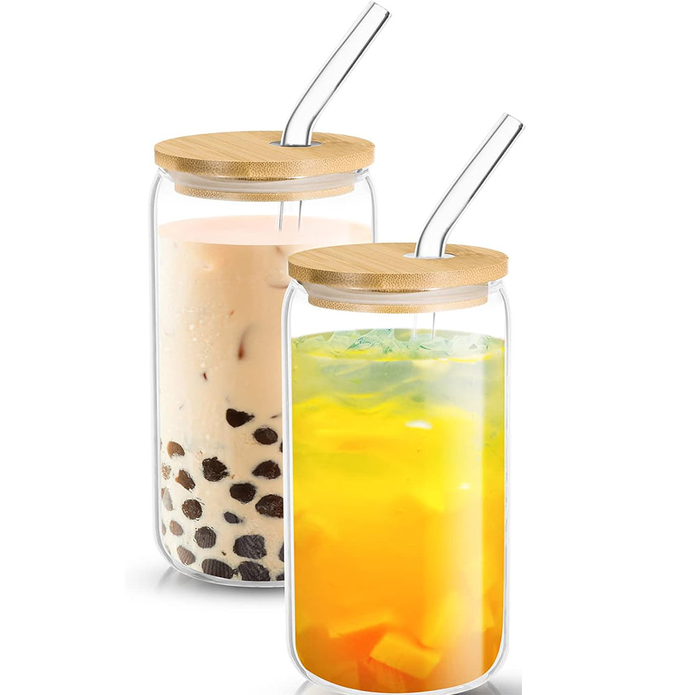 Danny Home 2-Pcs Glass Cups with Bamboo Lids and Glass Straw Set 500ml