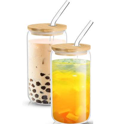 Danny Home 2-Pcs Glass Cups with Bamboo Lids and Glass Straw Set 500ml